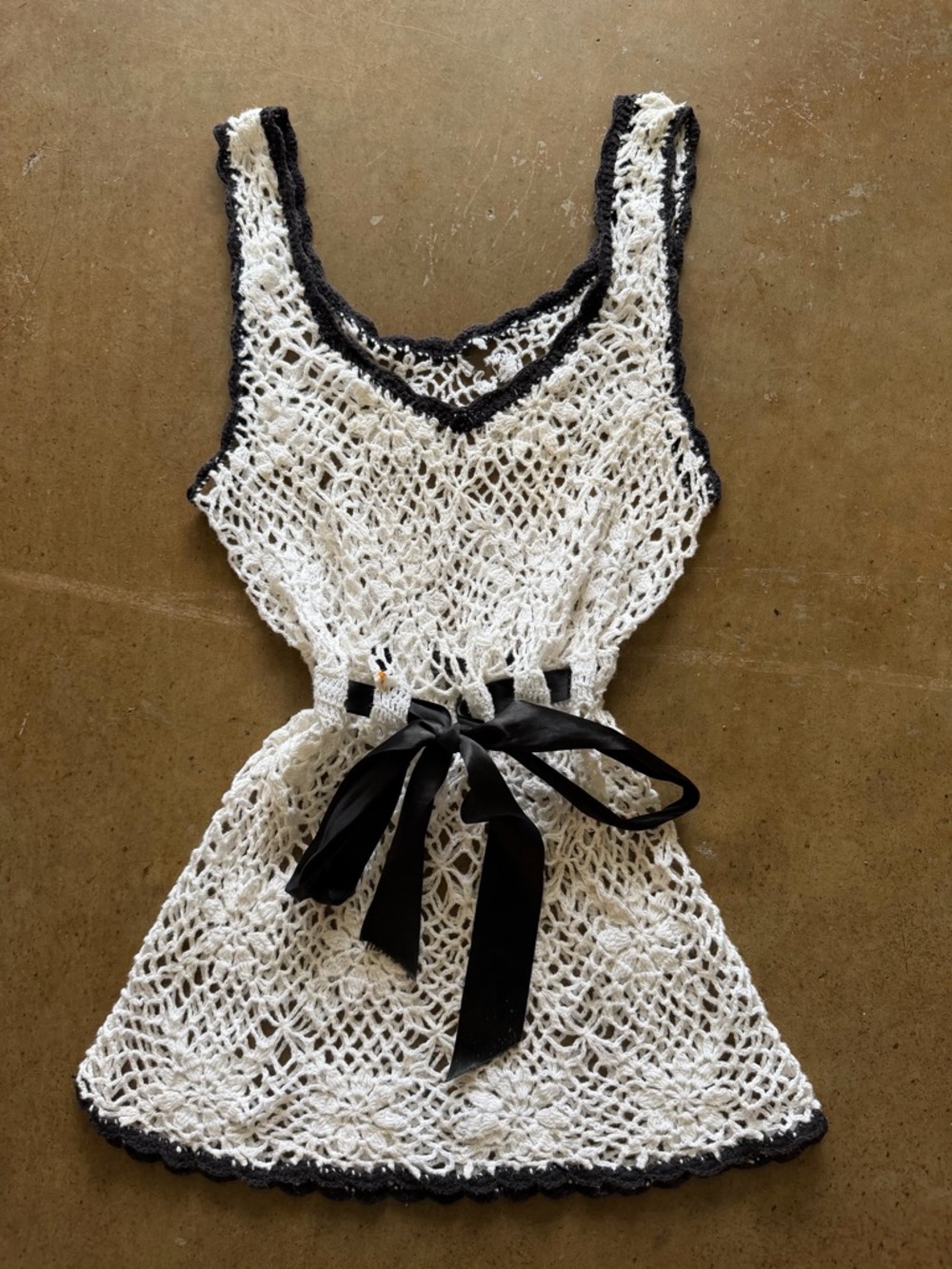 Hand Crochet White Tank Dress with Black Trim and Waist Tie